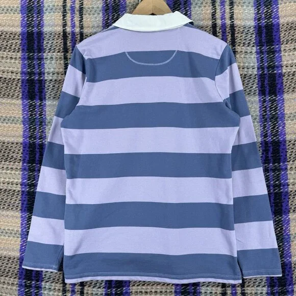 L.L. Bean Mens Polo Rugby Long Sleeve Blue Striped Size Medium Collard Shirt - Picture 2 of 7